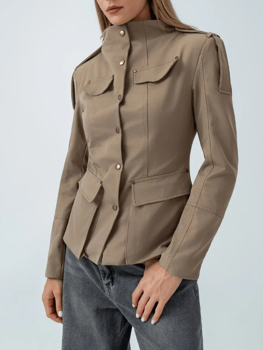 Khaki Casual Women's Epaulet Design Stand Collar Fitted Jacket